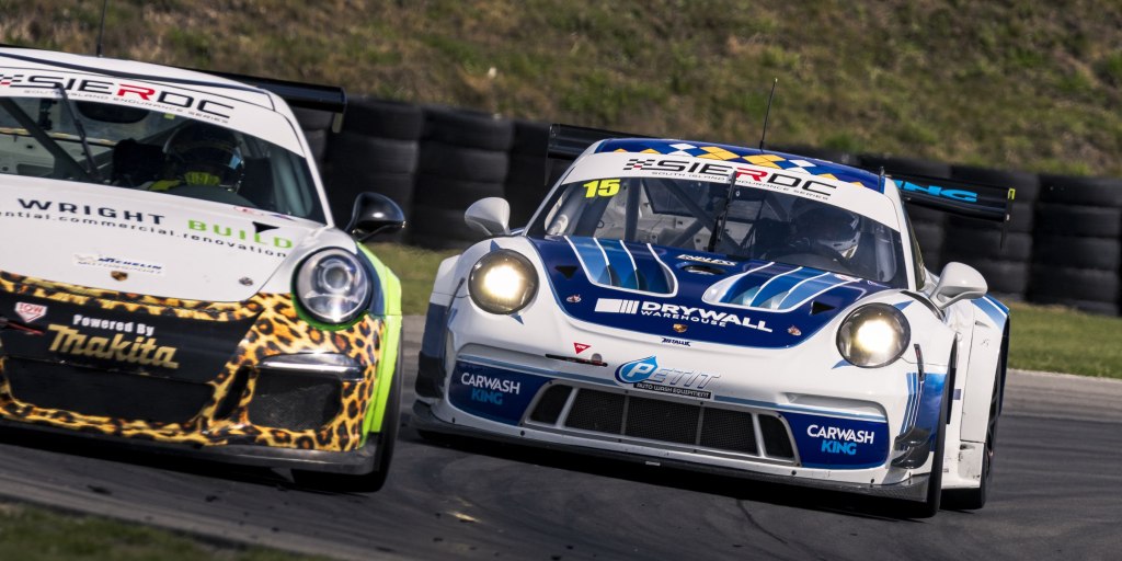 Two Porsche 911s, #15 Drywall Warehouse and #51 Wright Build, side by side